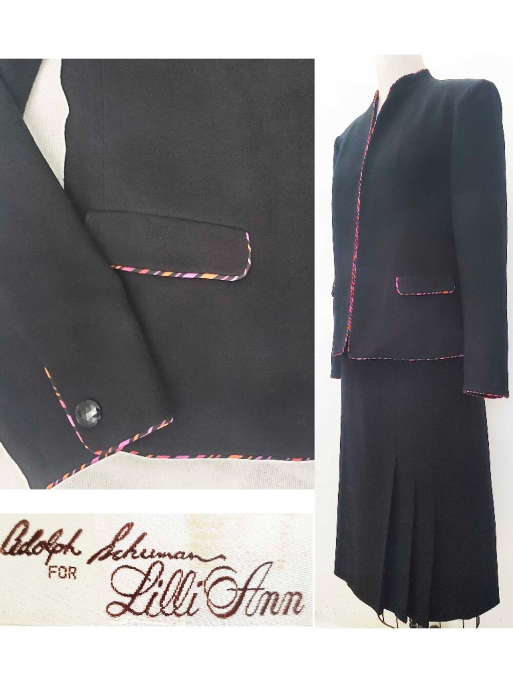 Vintage Adolph Schuman For Lilli Ann Women's Black Wool Crepe Skirt Set Suit